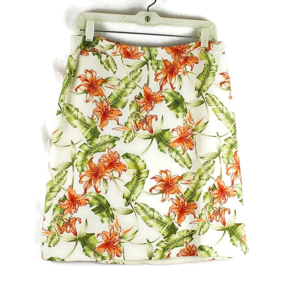 Cream Silk Skirt with Soft Orange Tropical Flowers and Green Leaves Bermuda Bay